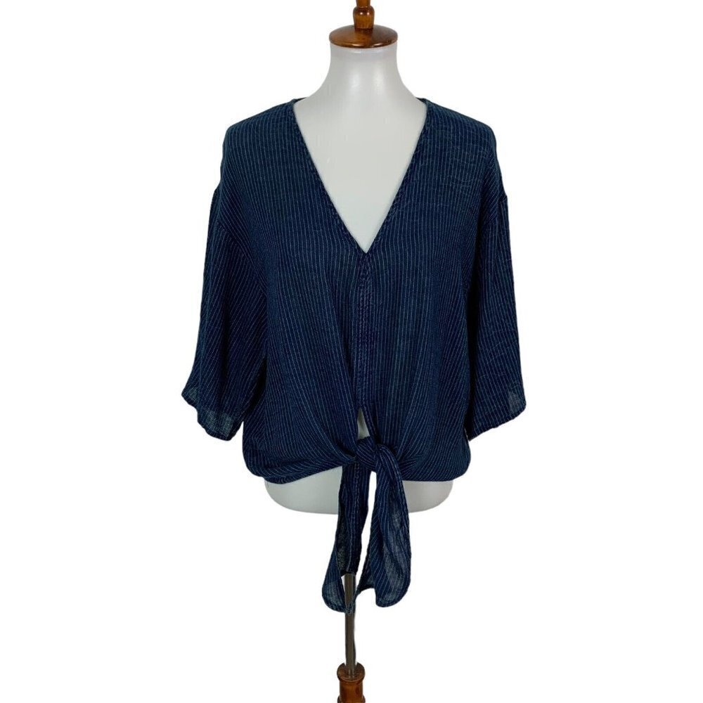 Elan Womens Top Medium Blue Tie Front Short Sleeve